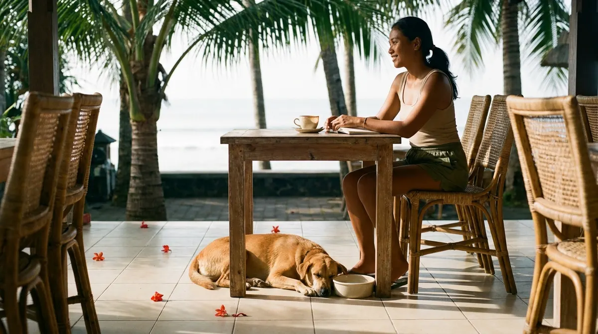 Dog-friendly cafe in Bali — a dog resting under the table with its owner