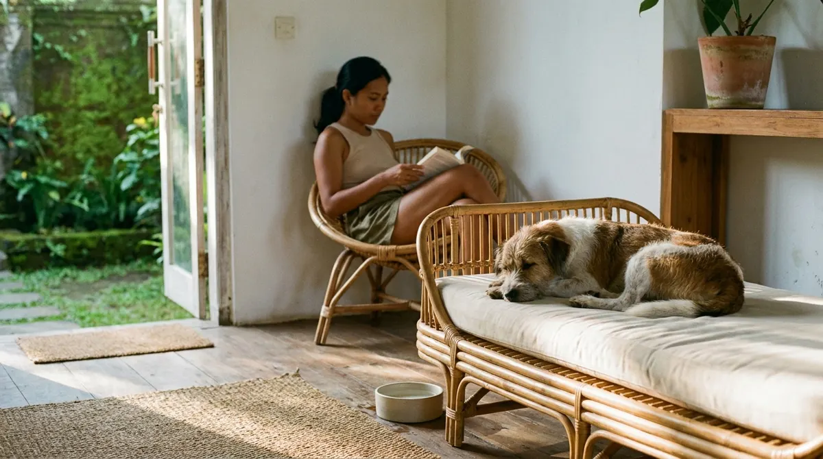 In-home dog sitting in a Bali villa — a relaxed dog resting while its sitter keeps it company