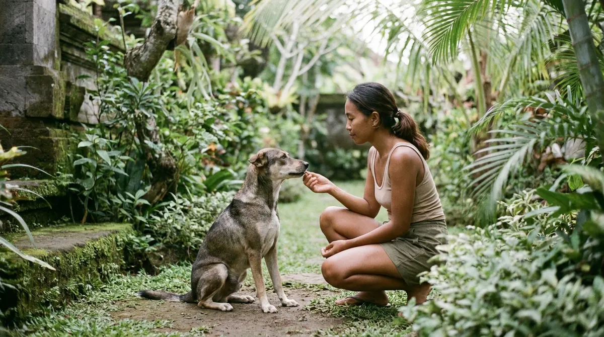 Positive reinforcement dog training session with a dog trainer in a Bali garden