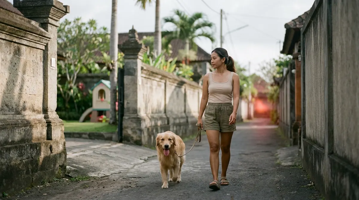 Ellie, a professional dog walker, walking a happy dog through Batu Bolong street in Canggu, Bali