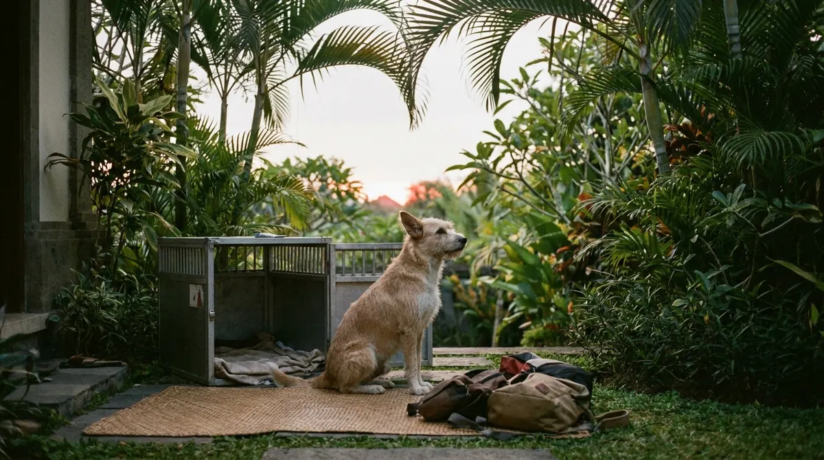 Moving to Bali with a dog — a dog beside its travel crate in a villa garden
