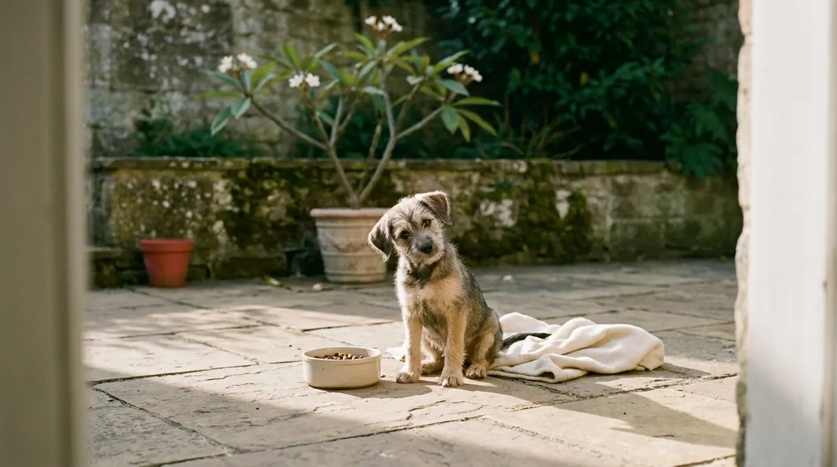 Curious puppy exploring its new home in a Bali villa courtyard