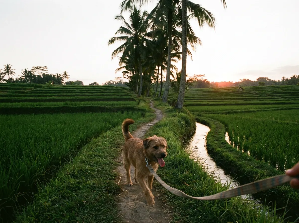 Professional dog walker walking a happy dog on a rice field path in Pererenan, Bali